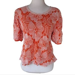 Anthropologie Solitaire Orange All Over Floral Embroidery Peasant Top Sz Medium